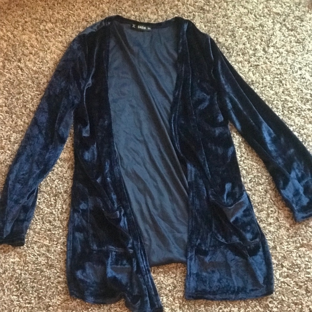 Blue velvet 3 quarter length cardigan- fits SMALL